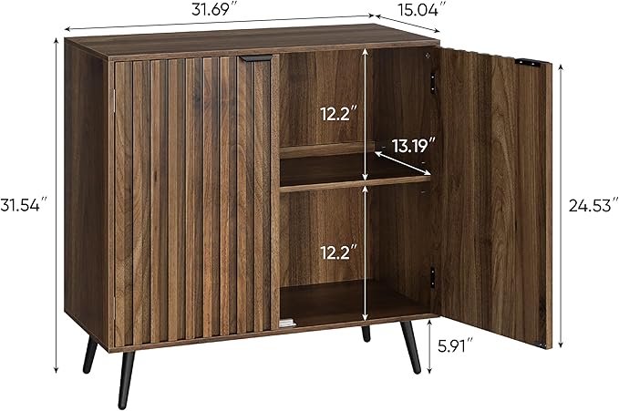 Smuxee Fluted Sideboard Cabinet, Freestanding Walnut Buffet Cabinet with Adjustable Shelf, Wood Storage Cabinet for Living Room, Entryway, Hallway