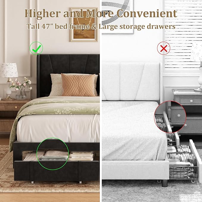 King Bed Frame with Storage Drawers, Upholstered King Size Platform Bed with 47“ Tall Headboard and Wingboard, No Box Spring Needed, NO Noise, Easy Assembly, Wooden Support Slats, Black