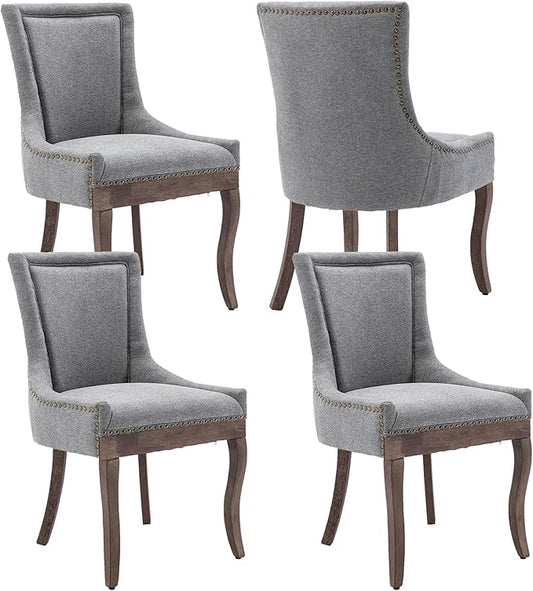 Farmhouse Dining Chairs Set of 4, Upholstered Fabric Dining Room Accent Chairs with Wood Legs & Bronze Nailhead, High Wingback Kitchen Chairs for Living Room Hotel Apartment, Gray