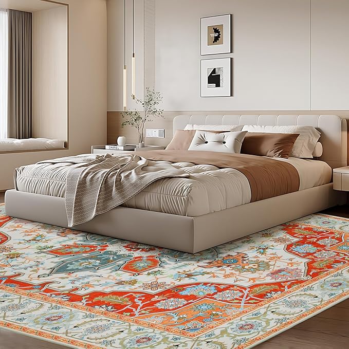 WILLSUN Washable Area Rugs, 8x10 Non-Slip Boho Large Area Rugs for Living Room, Bedroom, Machine Washable Vintage Rug, Indoor Floral Print Carpet for Home Decor, Kid & Pet Friendly Mat