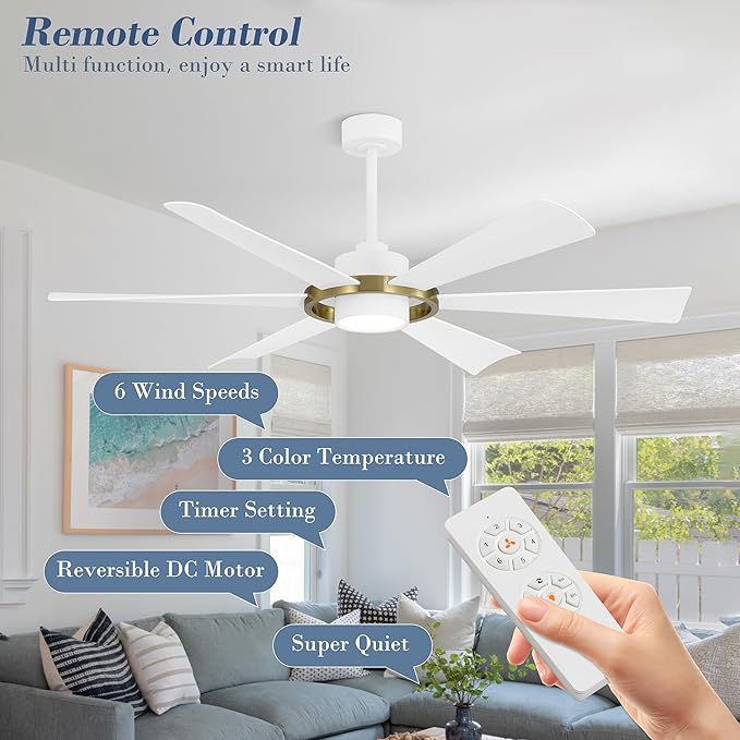 ELEHINSER 60" Ceiling Fan with Lights - 6 ABS Plastic Blades, 3 Downrods, 6-Speed Reversible DC Motor, 3CCT, Windmill Ceiling Fan for Kitchen Bedroom Living Room, White and Brass
