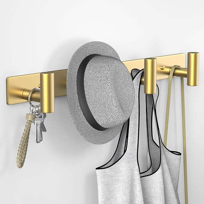 VAEHOLD Hat and Coat Wall Mount Rack - Hooks for Robes, Bags, Keys, and Towels - Bathroom Towel Hanger Organizer (Gold, “T“ Shape 4 Hooks 1 Pack)