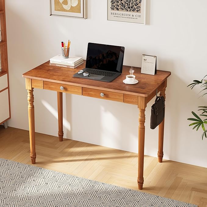 40 Inch Mid Century Modern Desk - Rubber Wood Desk with Drawers, Writing Desks with Drawers, Mid Century Desks for Bedroom, Living Room & Office, Walnut Color