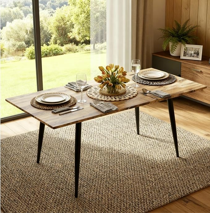 59"-75" Wood Extendable Dining Table for 6–8, Farmhouse Rectangular Dining Room Table with Black Metal Legs, Rustic Wood Grain MDF Top, Modern Space-Saving Dinner Table for Kitchen or Apartment