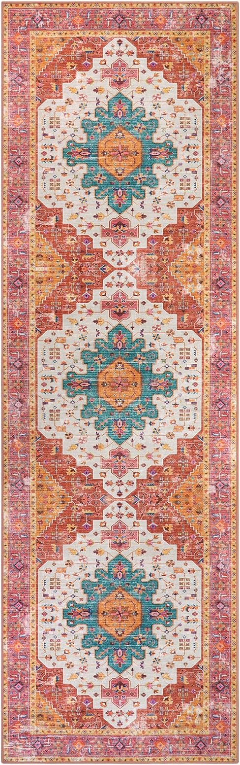 Moynesa Ultra-Thin Washable Runner Rug - 2'6"x8' Pink Runners for Hallways, Boho Non-Slip Bedroom Rug Runner, Vintage Oriental Medallion Kitchen Carpet Runner for Home Entrance Decor