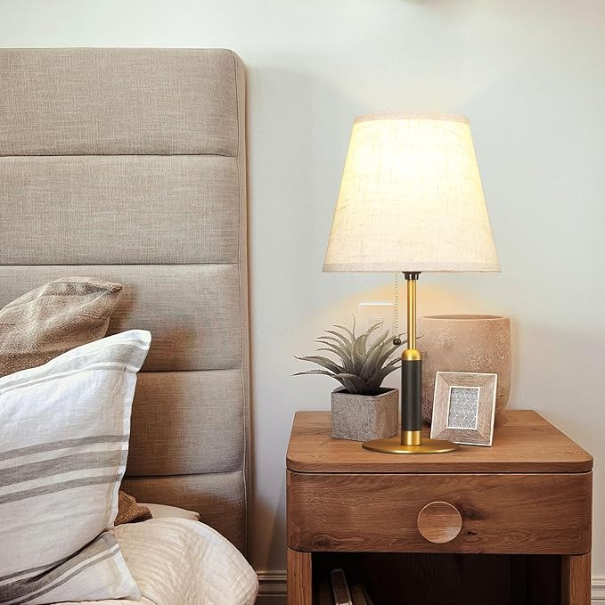 18.9" Modern Table Lamp Bedside Lamps for Nightstand Lamp for Bedroom Living Room End Tables 3-Color Night Light Pull Chain Switch Wood Fabric for Home Office Dorm Decor (Light Brown+Brass)