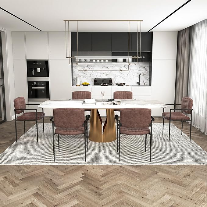 Mid-Century Modern PU Leather Dining Chairs Set of 6, Upholstered Kitchen Chairs with Arms and Metal Legs Adjustable Feet for Kitchen Dining Room(Brown)