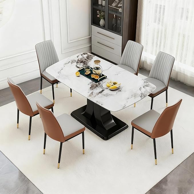 Modern Dining Table Set for 6, Marble Kitchen Table Chair Set for 6, Rectangular Kitchen Table with 6 Pu Leather Upholstered Chair for Dining Room