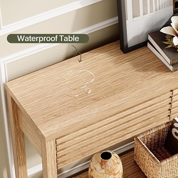 EAG 40" Fluted Console Table with 2 Drawers, Modern Wood 2 Tier Entryway Table with Storage Shelf, Narrow Sofa Tables Behind Couch for Entrance Foyer, Hallway, Living Room, Natural