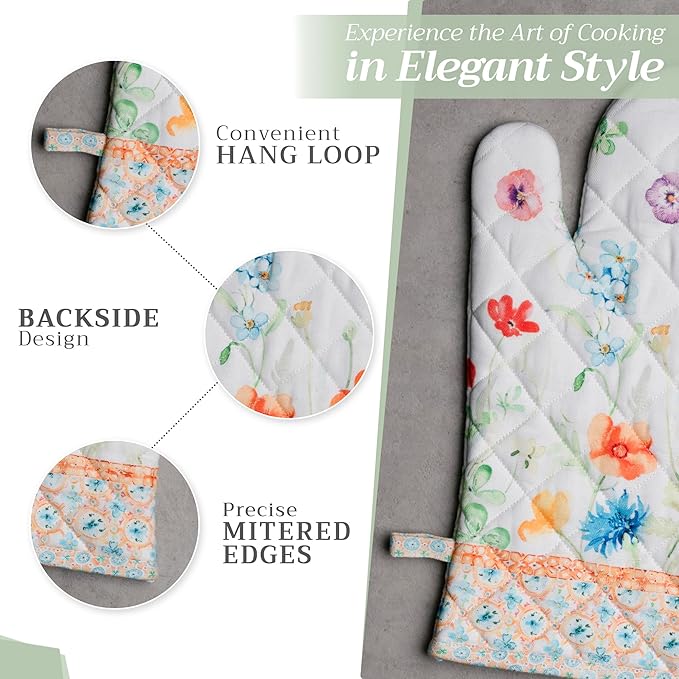 Maison d' Hermine Oven Gloves 100% Cotton Oven Mitt 7" x 13" with Loop Heat Resistant, BBQ, Cooking Gloves, Baking, Grilling, Kitchen, Handling Hot Pans Spring/Summer (Pack of 1, Summer Whisper)