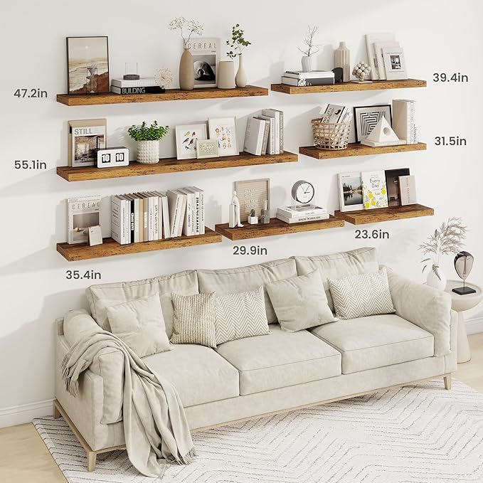 Fun Memories 36 Inch Floating Shelves, 9.3 Inch Deep Rustic Wall Shelves - Extra Deeper Wall Mounted Storage Shelves for Bathroom, Kitchen, Living Room (Brown, Set of 2)