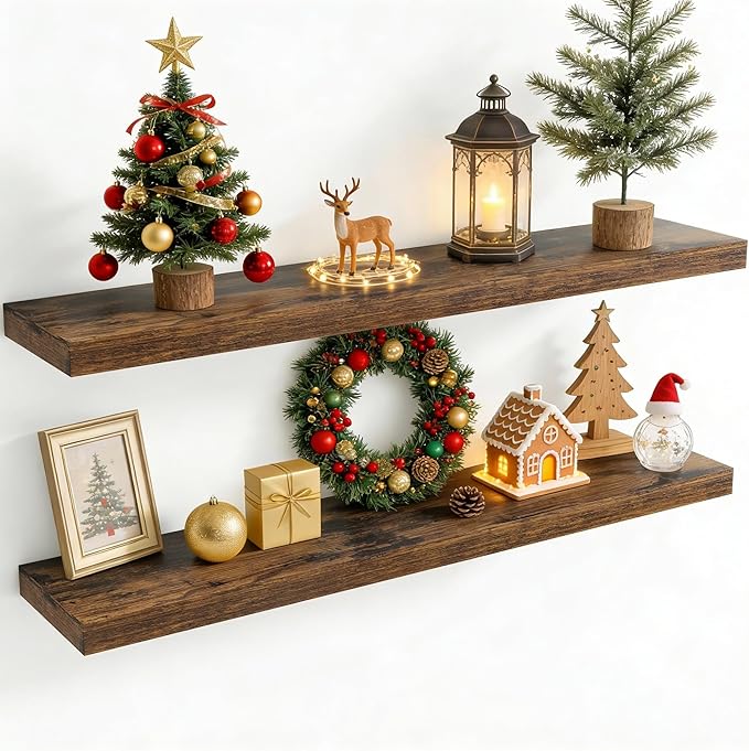 48 Inch Floating Shelves for Wall, 8 Inch Deep Floating Shelf for Storage & Display, Wall Mounted Shelf with Invisible Brackets for Living Room, Kitchen, Bathroom, Home Decor, Set of 2, Rustic Brown