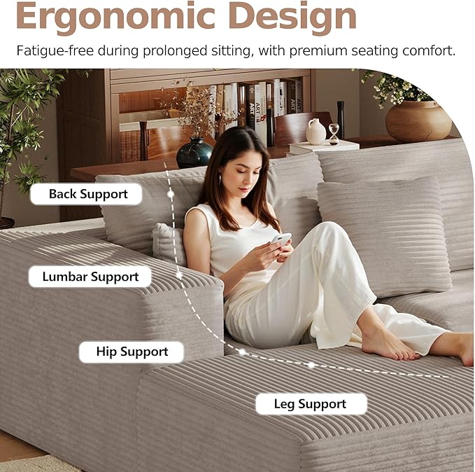 108'' Modular Sectional L-Shaped with Chair,Deep Seat Boneless Corner Couch for Living Room,Plush Corduroy Couch with Detachable Sofa Set,No Assembly(Left Facing Chaise,Camel)