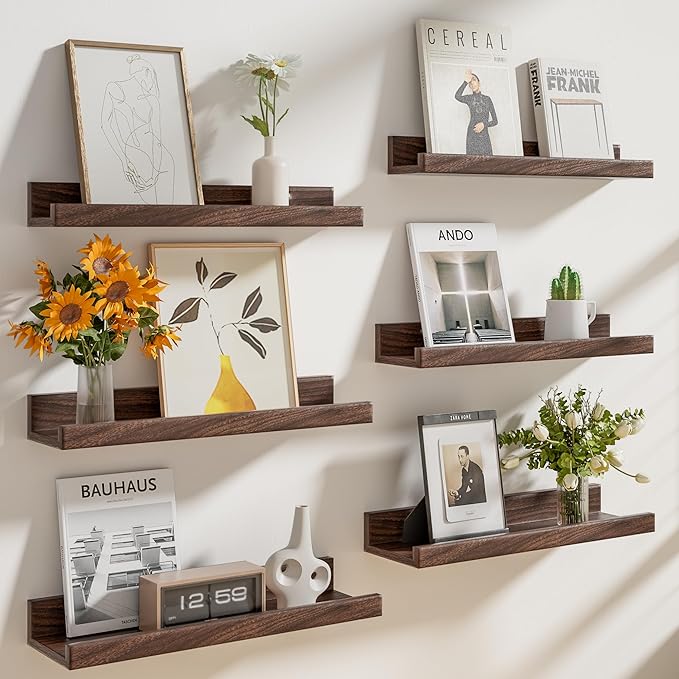 Heimlove Floating Shelves Set of 6, 24" Wall Mounted Picture Ledge, Display Shelf Organizer for Decor Storage, Wall Mounted Shelves for Living Room, Bedroom, Bathroom, Kitchen (Walnut)
