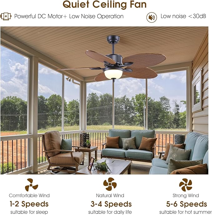 50 Inch Tropical Ceiling Fans with Lights and Remote/APP Control, Outdoor Waterproof Palm Leaf Ceiling Fan for Patios Porches, Wet Rated, Glass Lampshade, 6 Speeds, Quiet, Brown