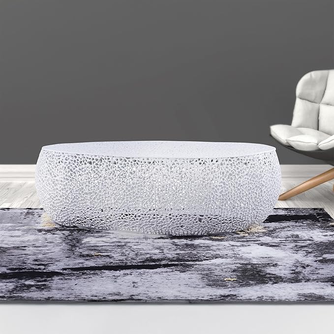 Modern Contemporary Oval-Shape 50" Coffee Table, Solid Aluminum intrigued Design, Mesh Cocktail Table, Creative Center Table for Living Room and Bedroom, Casted in White