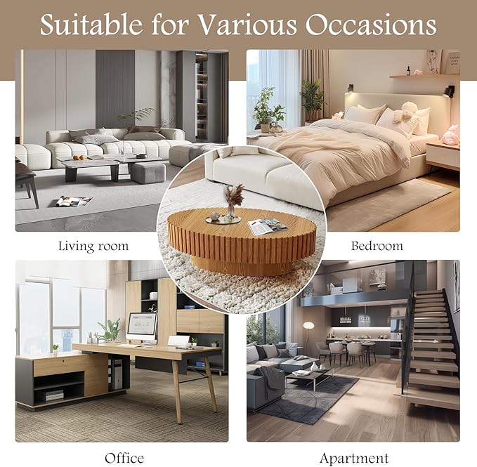 Fluted Coffee Table 43.3" Oval Wooden Coffee Tables Modern Handcraft Drum Coffee Table with Solid Wood Relief Sturdy Pedestal Accent Table for Living Room Home Office,Wood Color