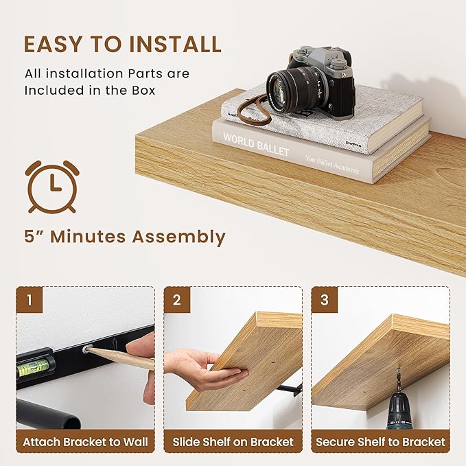 fuqing Floating Shelves for Wall, Wall Mounted Wood Floating Shelf with Invisible Brackets for Living Room, Bathroom, Bedroom, Kitchen Storage and Decor, 16 Inch Set of 2, Oak