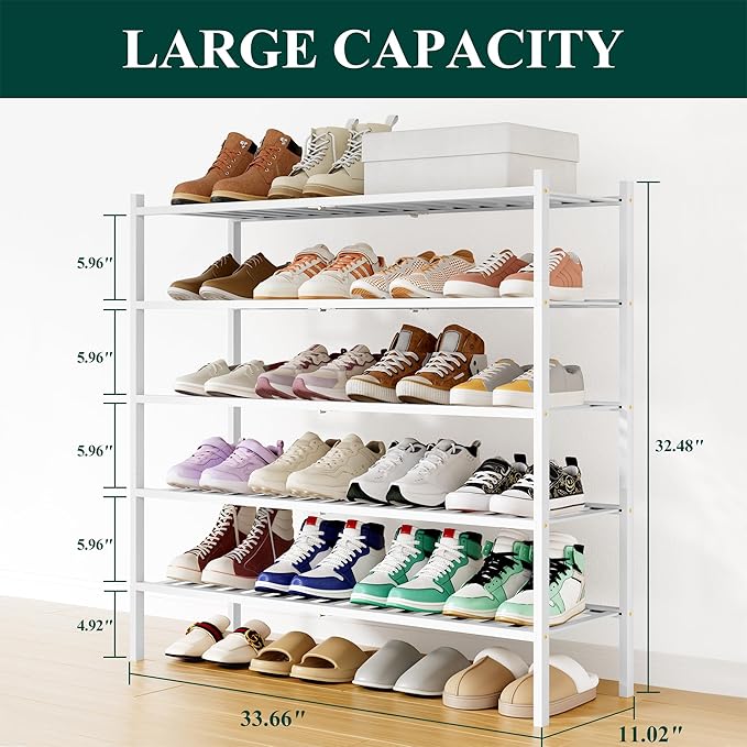 Smiry Shoe Rack, 5 Tier Long Bamboo Shoe Organizer, Stackable Free Standing Wooden Shoe Storage Shelf for Closet, Entryway, Front Door Entrance, White