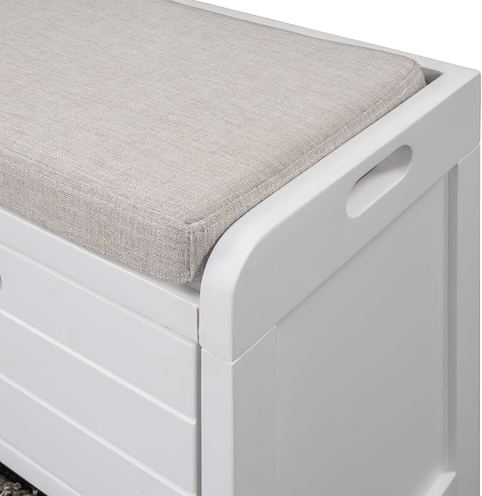 Fully Assembled Storage Bench with Cushioned Seat, 2 Drawers & Removable Basket, Solid Wood Entryway Shoe Bench for Bedroom, Hallway, Living Room (White)