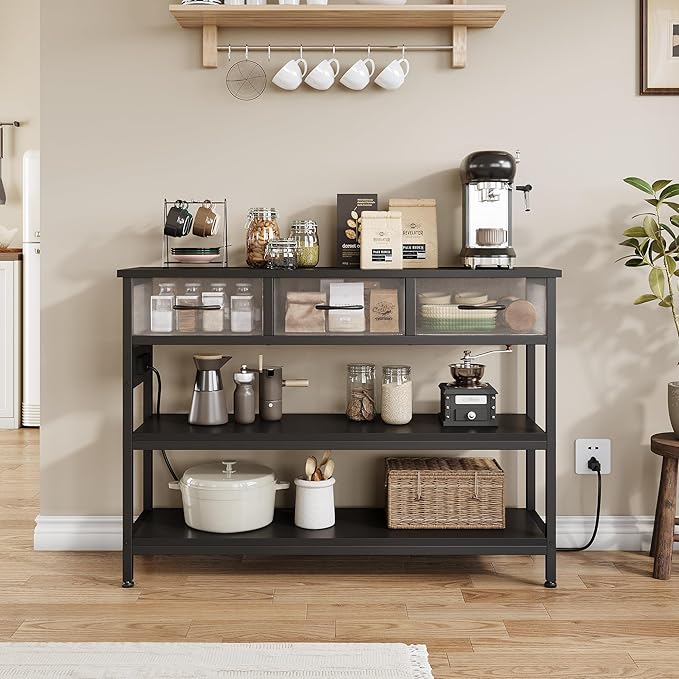 Lulive 2 Pack Entryway Table with Power Outlets, Console Table with 3 Fabric Drawers, Sofa Table for Living Room, Hallway, Couch, Foyer, Height Adjustable