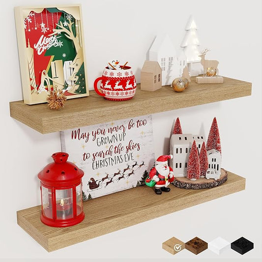Fun Memories Floating Shelves for Wall, 24" Rustic Wood Deep Wall Mounted Shelves with Invisible Brackets for Decor & Storage, Floating Shelf for Living Room, Bathroom (Oak, Set of 2)