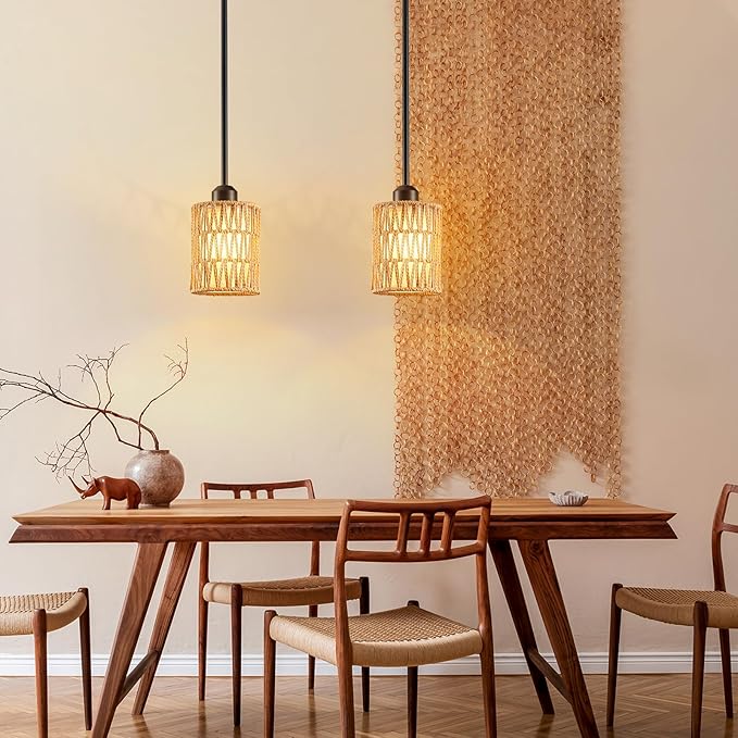 Pendant Light Boho Hanging Lamp - Rattan & Linen 2-in-1 Shade, Adjustable Hanging Lights Fixture for Kitchen Island, Dining Room, Farmhouse, Bedroom (2 Pack)