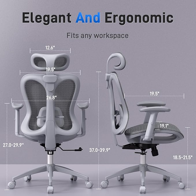Ergonomic Office Desk Chair, Comfortable Computer Gaming Chair, Breathable Mesh Back & Seat, Adjustable Armrest & Headrest, Lumbar Support, Butterfly Design for Home Office (Gray)