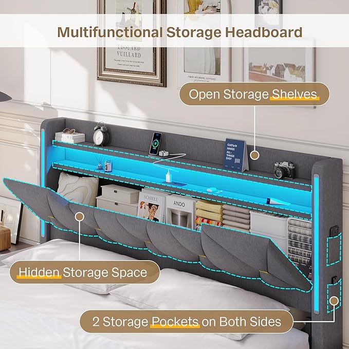 Queen Bed Frame with Headboard, Platform Bed Frame Queen Size with LED Lights & Charging Station, Upholstered Bed Frames with Storage Headboard, No Box Spring Needed, Easy Assembly, Gray