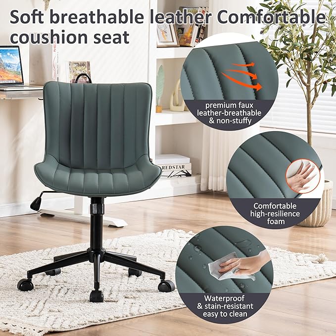 Kidol & Shellder Leather Home Office Desk Chair with Wheels Modern Cute Armless Executive Swivel Vanity Chair with Comfy Back Ergonomic Rolling Adjustable Computer Task Chair Small Greyish Green
