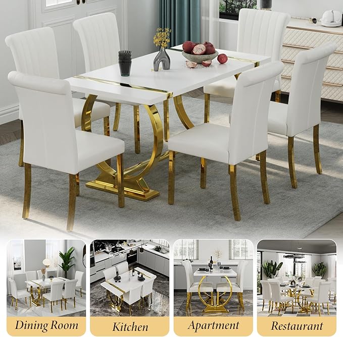 Asday Modern Dining Table with Gold Stainless Steel Metal U-Base in White Gold