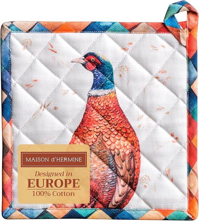 Maison d' Hermine Pot Holders 100% Cotton Heat Resistant Potholders 8" x 8" Hot Pads with Loop for Thanksgiving Christmas Decorations BBQ Cooking Baking Handling Hot Pans (Pack of 1, Faisan D'Automne)