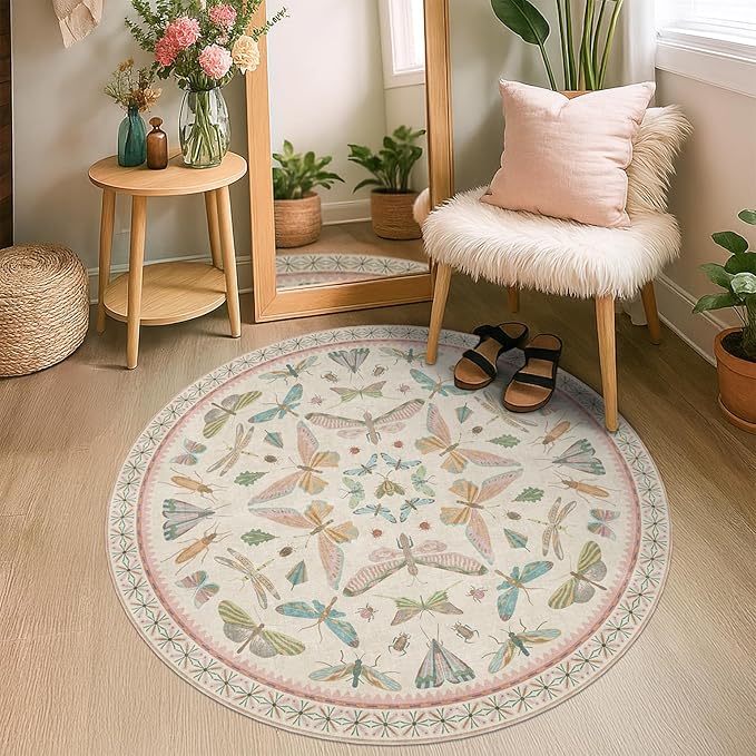 Boho Light Pink 4ft Round Small Throw Rugs for Living Room - Low Pile & Soft Cute Circle Rug for Girls Bedroom, Baby Nursery, Butterfly Pattern Fun Design, Low Pile & Soft Stain Resistant Carpet