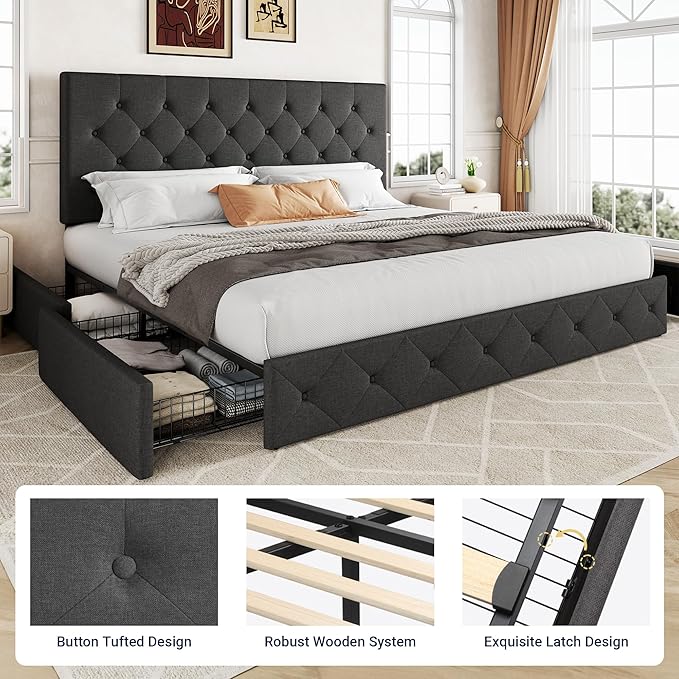 Allewie Upholstered King Size Platform Bed Frame with 4 Storage Drawers and Headboard, Diamond Stitched Button Tufted, Mattress Foundation with Wooden Slats Support, No Box Spring Needed, Dark Grey