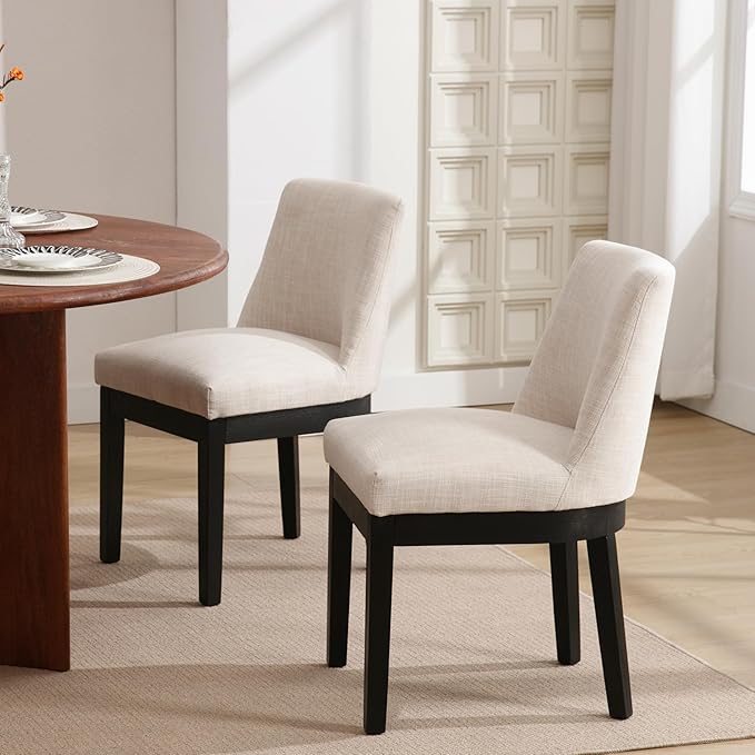 Modern Dining Chairs Set of 4 Comfortable Dining Room Chairs with Back, Linen Fabric Upholstered Kitchen Side Chairs with Black Wood Legs for Living Room, Beige