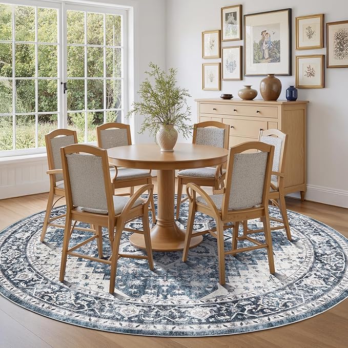 AMADA HOMEFURNISHING 8ft Round Area Rug, Low-Profile Washable 8x8 Rugs with Non-Slip Backing & Durable Edge Binding, Vintage Rug for Kitchen, Bedroom & Hallway, Blue