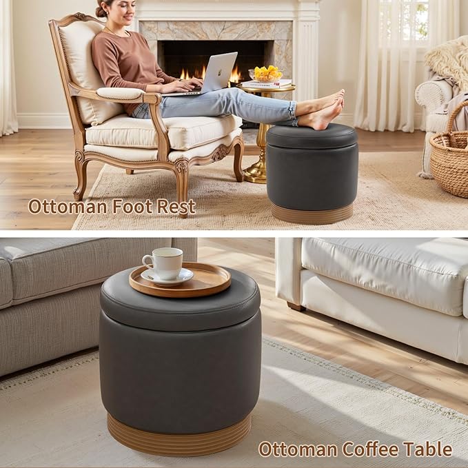 Round Ottoman with Storage,Swivel Vanity Stool-Leather Foot Rest,Upholstered Footstool Pouf with Sturdy Wooden Frame(500 Lb),Small Coffee Table & Hidden Storage Ottoman for Living Room