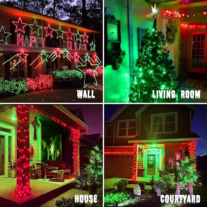 JMEXSUSS 200 LED String Lights Outdoor for Christmas Decor, Red & Green Christmas Lights Clear Wire, 11 Modes Connectable Twinkle String Light Plug in for Garden Home Xmas Decorations