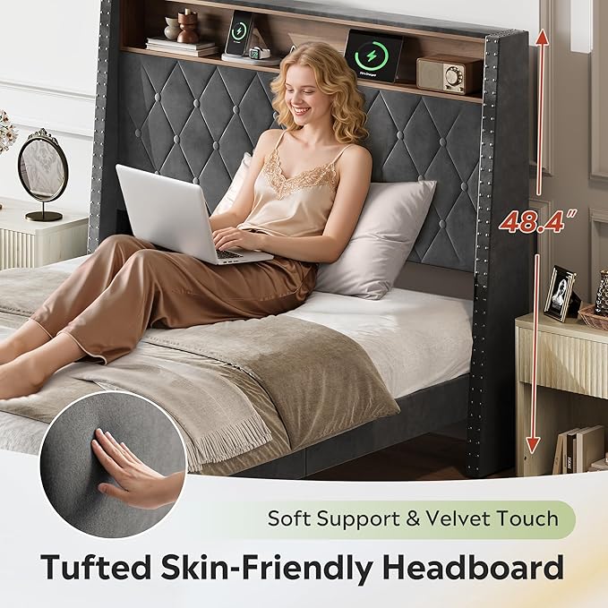 WLIVE Full Size Upholstered Bed Frame with Storage Headboard, Velvet Square Tufted Platform Bed with Charging Station, Sturdy Metal & Wooden Slats Support, No Box Spring Needed, Grey