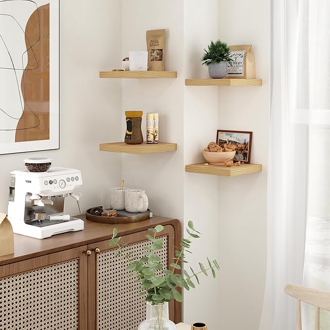 Fun Memories Square Floating Shelves for Wall - 9.3 Inch Deep Floating Shelves with Invisible Brackets, Oak Small Wall Shelf for Living Room, Bathroom, Bedroom, and Kitchen Decor，Set of 4