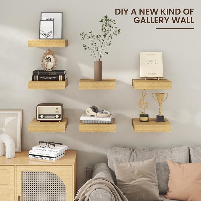 Square Floating Shelves for Wall, 12" W x 12" D x 2" H, 2 Pack of Small Wall Mounted Engineered Wood Shelves with Invisible Brackets for Living Room, Bedroom, Bathroom, Kitchen Decor, Oak