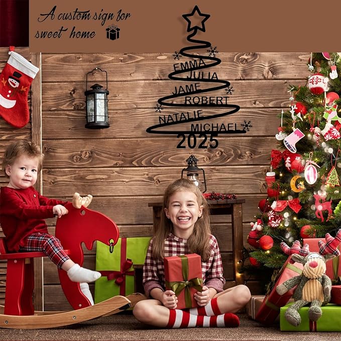 Personalized Christmas Tree Metal Sign, Custom Signs Outdoor Metal Wall Decor, Merry Christmas Tree Signs Wall Decoration for Home Living Room, Bedroom, Office, Garden, Porch