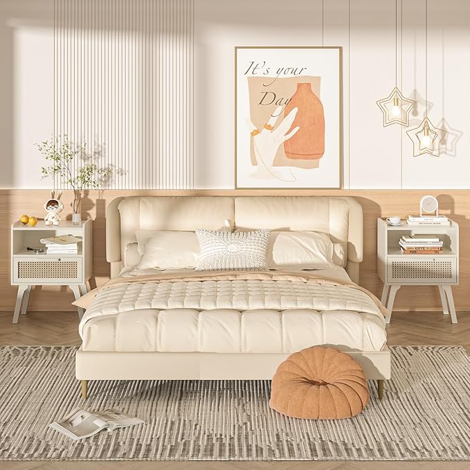 Lerliuo Rattan Nightstands Set of 2, Side Table with Drawer Open Shelf, Cane Accent Bedside End Table, Mid Century Modern Night Stand for Bedroom, Dorm and Small Spaces (Grey White)