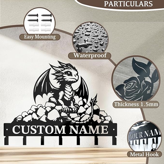 Customized Name Key Hook - Evil Dragon Design Keys Holder Decor Black Iron Metal Wall Organizer for Home & Office (Multiple Sizes) (Style C)