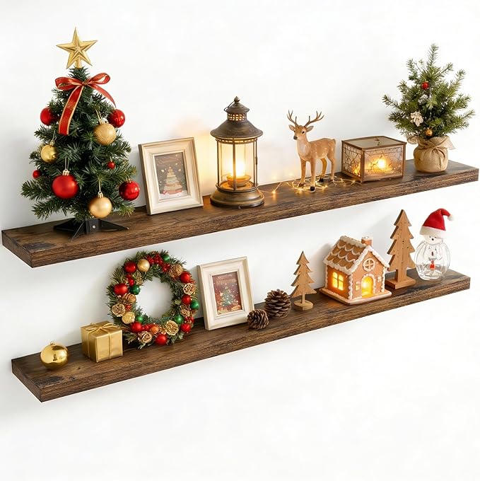 72 Inch Floating Shelves for Wall, 8 Inch Deep Floating Shelf for Storage & Display, Wall Mounted Shelf with Invisible Brackets for Living Room, Kitchen, Bathroom, Home Decor, Set of 2, Rustic Brown