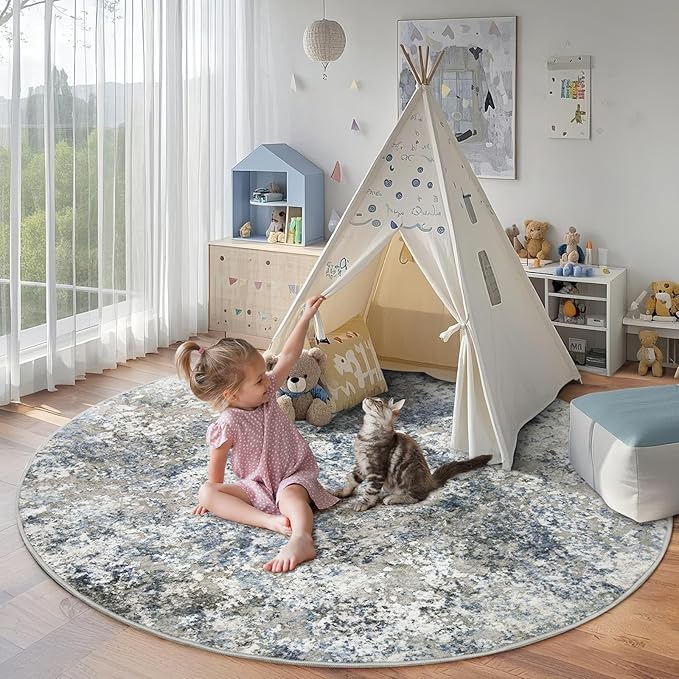 5ft Round Area Rug for Living Room- 5x5 Washable Neutral Abstract Rug for Bedroom Modern Soft Dining Room Rug No Slip Low Pile Carpet for Nursery Home Office Decor - Grey/Blue
