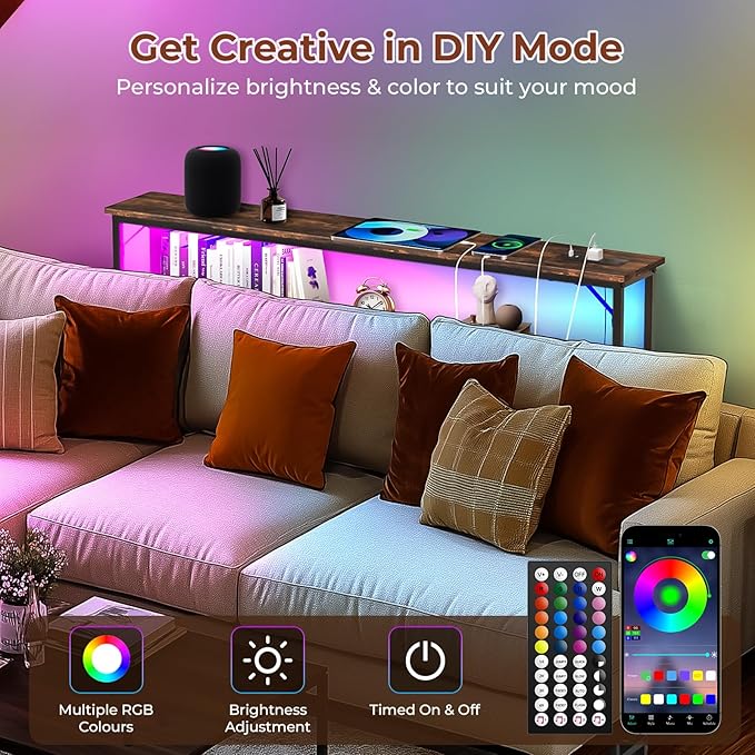 Tatub 39.4" Behind Couch Table with 2 Power Outlets and Led Light, Rustic Narrow Console Industrial 2 Tier Skinny Entryway Sofa Table with Metal Frame for Living Room