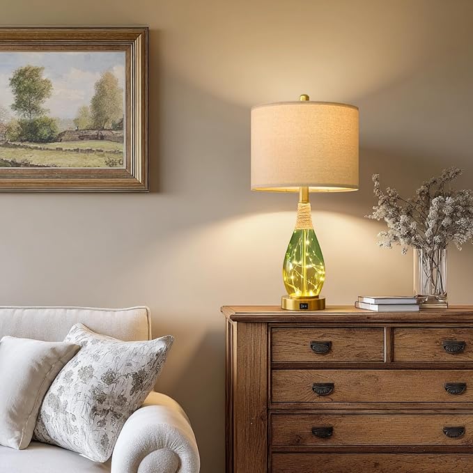 OYEARS 23" Table Lamps Set of 2,Farmhouse Lamps with Glass Nightlight, Bedside Lamps for Living Room, Rattan Lamps for Bedroom Nightstands, Two Light Points