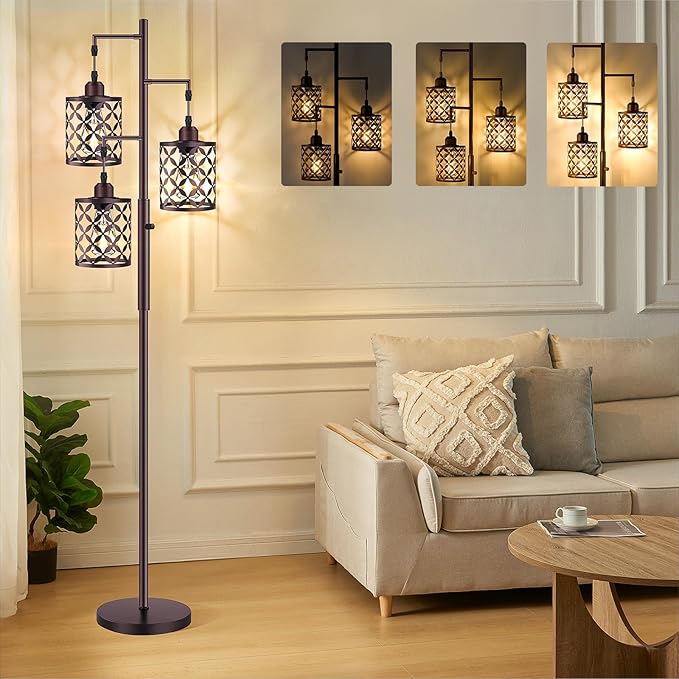 68" Dimmable Floor Lamp, Farmhouse Standing Lamp with Elegant Metal Cage, Industrial Tall Tree Floor Lamps for Living Room, Bedroom, Study Room, Office (2000LM LED Bulbs Included) - Brown