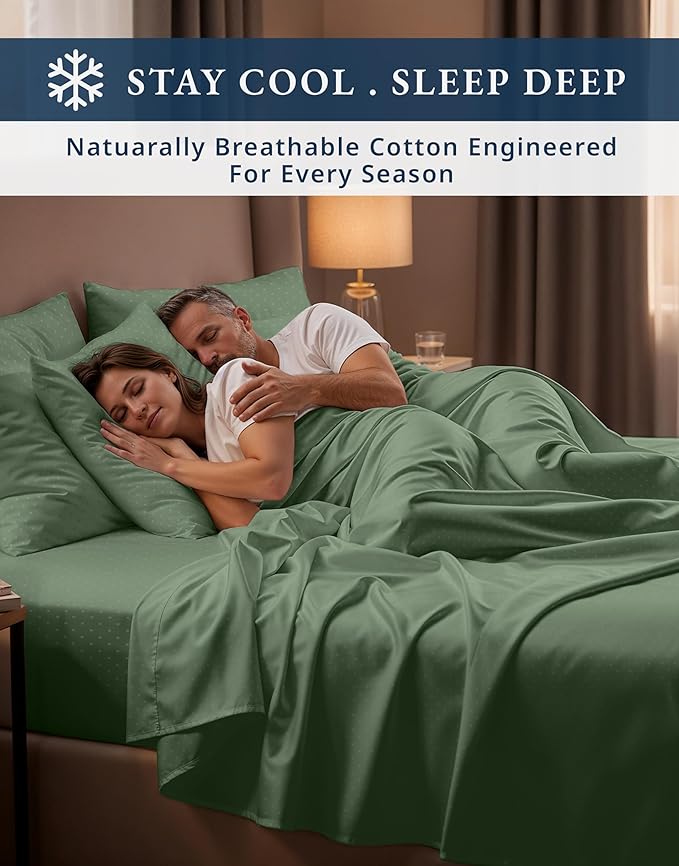 LANE LINEN Luxury Hotel Style 100% Egyptian Cotton Bed Sheets King Size, Mercerized Cotton, Silky Finish, No Pill Fade Resistant King Sheets & Pillowcases Jaquard Swiss Dot - Iceberg Green